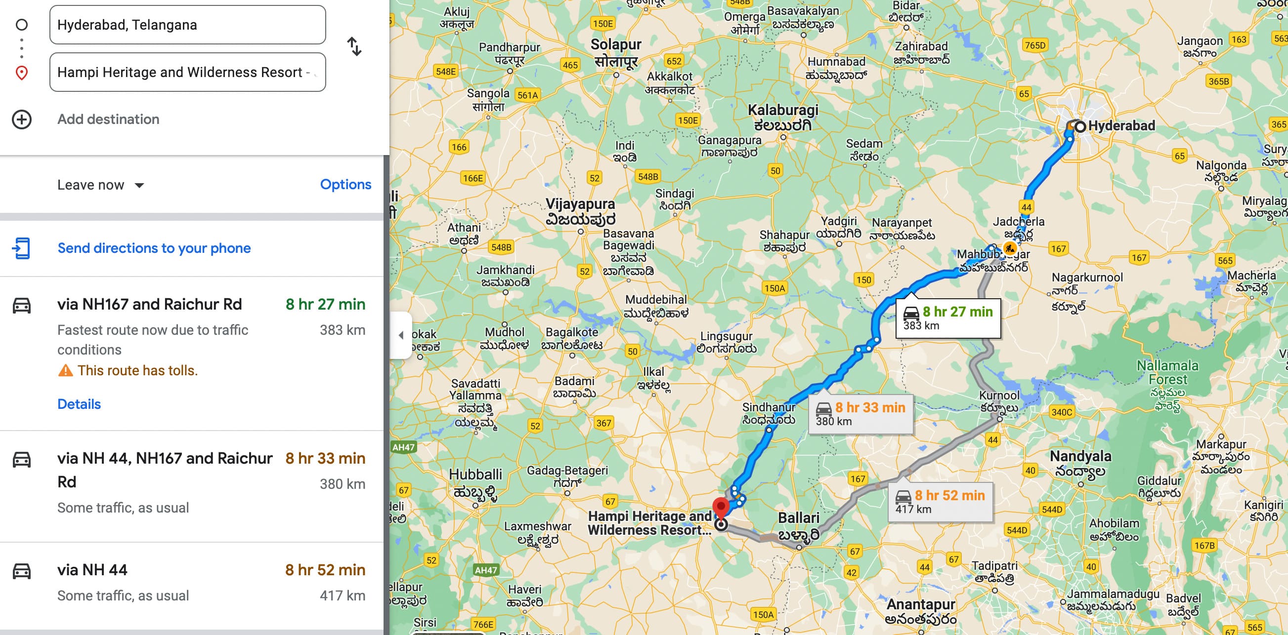 Route Map to Hampi from Telangana